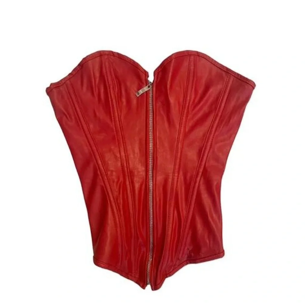 #1667**Red Leather Zip-Front Corset Top - Picture 1 of 10